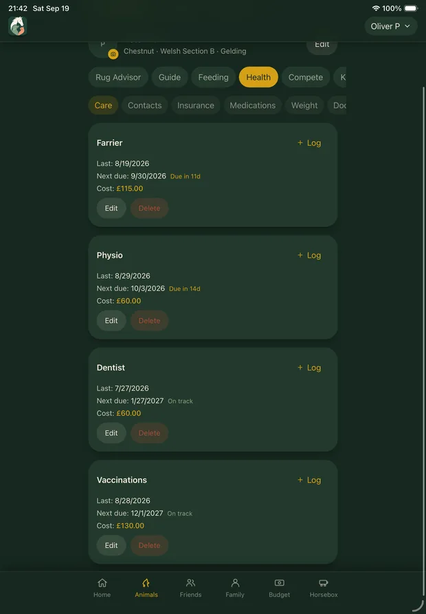 Care schedule with next-due dates